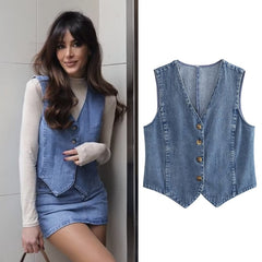 Lizakosht Fashion Denim Women's Vest Summer Female Chic V-Neck Single-breasted Sleeveless Vests for Women Casual Vest Tops