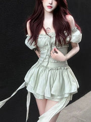 Lizakosht Summer France Vintage Two Piece Set Women Chiffon Elegant Hight Waist Skirt Suit Female Korean Casual Ruched Sweet Set New