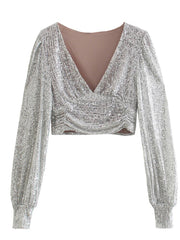 Lizakosht Women's Silver Sequins Blouse Female Fashion Puff Sleeve V Neck Short Pleated Shirt Tops Spring Chic Sexy Street Wear