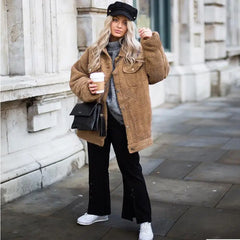 Lizakosht Autumn Winter Women's New Faux Lamb Wool Camel Warm Jacket Soft Plush Fur Tops