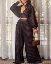 Ladies Long Sleeved Black V-Neck Top Loose Stitching Pleated Wide Leg Pants Two-Piece Set
