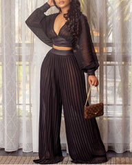 Ladies Long Sleeved Black V-Neck Top Loose Stitching Pleated Wide Leg Pants Two-Piece Set