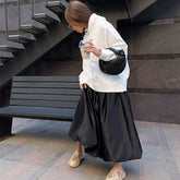 Lizakosht Satin Elegant Long Skirt Women Fashion Autumn Casual High Waist Solid A-line Tutu Midi Skirt High Street Office Lady