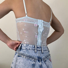 Lizakosht Floral Mesh See Through Corset Tops Fairycore Aesthetics Backless Hook Button Camis 2000s Y2K Retro Cute Crop Tops Women Vest