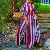 Fashion Lapel Buttoned Long Sleeve Tops & Straight Pants Suit Women Striped Printed 2 pcs Outfits Autumn Casual Loose Office Set