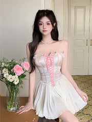 Lizakosht Sexy Office White Lace Up Backless Slim Wrapping Women Korean Summer Bow Collar Mesh Suspenders Ruffles Mini Vest Dresses Female