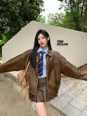 Lizakosht Women Solid Pu Leather Loose Jacket+pleated Mini Skirts 2 Piece Set Female Turn Down Collar Fashion Streetwears Blue Shirts Suit