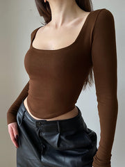 CasualSquare Collar Long Sleeve T Shirts Women Sexy Solid Basic Crop Tops 2022 Autumn Fashion Streetwear Skinny T-shirt