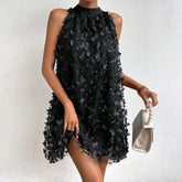 Lizakosht Chic Loose Halter Party Dress Sexy Solid Color Applique Butterfly Big Hem Dresses Ladies Liner Mesh Short Dress For Women