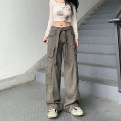 Lizakosht New Cargo Pants Y2K Women Vintage Elastic High Waist Big Pockets Trousers Streetwear Hip Hop Drawstring Retro Baggy Jeans ins