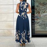 Lizakosht Summer Casual Leaves Print Long Dress Elegant Sleeveless Lapel Pleated Long Dress New Sexy V Neck Button High Waist Office Dress