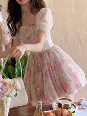 Short Sleeve Elegant Floral Dress Woman Korean Fashion Short Party Dress Casual Fairy Sweet Mini Dress Boho 2022 Summer Chic