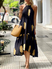Fashion Sleeveless Halter Irregular Party Dress Women Casual Gold Feather Print Loose Long Dress Sexy Summer Boho Beach Dresses