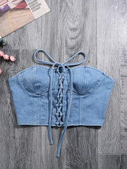 Lace Up Bandage Camisole Crop Top Women Summer Female Fashion Sexy Denim Slim Tube Camis Streetwear Tops for Women 2022