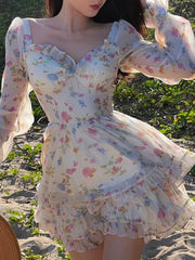 Gypsylady Floral Printed Chic Mini Dress Beige Smocked Summer Women Dresses Lantern Sleeve Backless Sexy Holiday Ladies Vestidos