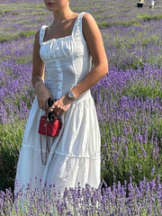 Lizakosht Sexy White Pleated Holiday Dress Woman Lace Up Square Collar Ruffles Female Dresses Elegant Button Sleeveless Beach Vestido