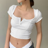 Lizakosht Women American Retro Crop Tee Shirt Ruffled Short Sleeves Lace Trim Square Neck Buttons Casual Party Short Crop Tops