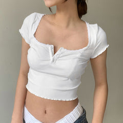 Lizakosht Women American Retro Crop Tee Shirt Ruffled Short Sleeves Lace Trim Square Neck Buttons Casual Party Short Crop Tops