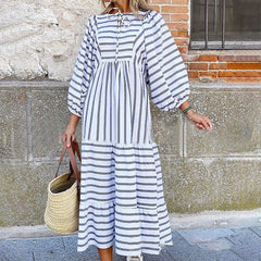 Fashion Hollow Out Lace-up Loose Dress Women Casual Striped Print Lantern Long Sleeve Dress New Autumn Elegant A-Line Long Dress