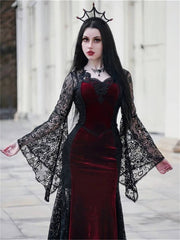 Gothic Dark Mesh Midi Dress Women Victorian Costume Velvet Robe Renaissance Witch Medieval Dresses Cosplay Wizard Halloween Y2k