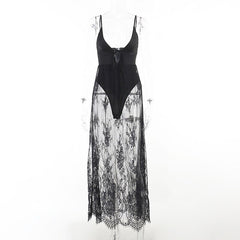 Lizakosht Party Club Lace Fake Two-piece One-piece Maxi Dress Sexy Bodycon Hot Girl Holiday Style Long Female Dress Y2k Clothes