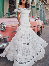 LIZAKOSHT - Elegant Cascading Ruffles Lace Splicing Slim Dress Women Solid Off Shoulder Hollow Party Dress Summer Waist A-line Beach Dresses