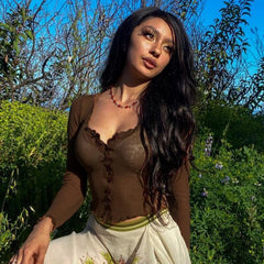 Lizakosht Brown Top Gauze Mesh Perspective Women's Clothing 2022 Spring New Slim Lace Edge Sexy