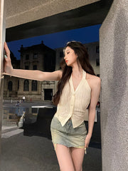 Lizakosht Summer Sexy V-neck Crop Tops Ladies Plaid Short Vest Sleeveless Party Elegant Casual Tops for Woman Korean Slim Clothing