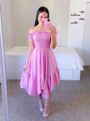 Ruffle Off The Shoulder Short Sleeve Women Dress Green Fold Sweet Ladies Dresses 2022 Summer A-line Midi Female Vestidos