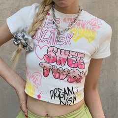 Lizakosht American Cartoon Graffiti Print Short-sleeved Women's Short Multi-letter Pattern Pullover Round Neck T-shirt Revealing Short Top