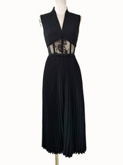 Lizakosht Summer New Black Sexy Lace Long Dress Niche Design Embroidery Hollow High Waist Pleated Evening Dress V-Neck Party