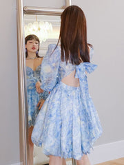 Lizakosht Backless Van Gogh Starry Dress New Bandage Design Small Sexy Long Sleeve Irregular Bubble Holiday Skirt
