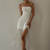 Lizakosht Dress White Elegant Midi Dress Women Sleeveless Summer Fringe Black Strapless Dress Lady Party