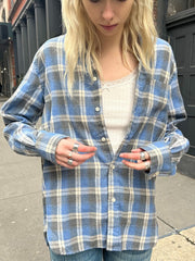 Lizakosht Vintage Blue Plaid Cotton T-shirts Women Casual Turn-Down Collar Spring Summer Long Sleeve Tees Chic Y2k Streetwear Oversize Top