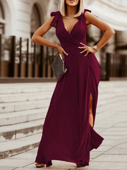 Lizakosht Sexy Solid Deep V Neck Wrap Party Dress Elegant Sleeveless Lace-Up Maxi Dress Summer High Waist Side Slit Draped Dress Vestidos