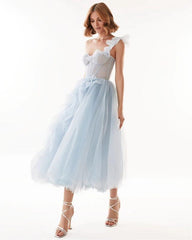 Lizakosht Fashion Women Summer Mesh Tulle One Shoulder Bow Prom Evening Dresses Female Elegant Midi Long Vesidos Blue