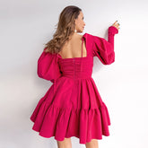 Lizakosht Women Autumn Square Collar Vintage Rose Red Mini Dress New Long Sleeve A-line Ruffle Pleated Sweet Birthday Party Dress