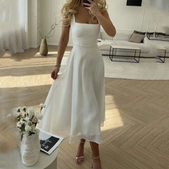 Lizakosht Women Dress Fashion Summer Sling Square Neck Sleeveless Nipped Waist Solid Elegant Loose Beach Dresses High Streetwear