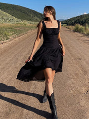 Lizakosht Sexy White Pleated Holiday Dress Woman Lace Up Square Collar Ruffles Female Dresses Elegant Button Sleeveless Beach Vestido