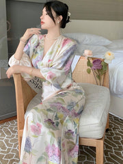 Hstar Oriental Classical Beauty Temperament Retro Ink Printing V-neck Women 2022 Summer Slim Long Elegant Dress robe traf boho