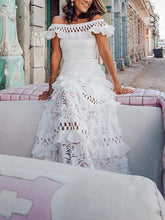 LIZAKOSHT - Elegant Cascading Ruffles Lace Splicing Slim Dress Women Solid Off Shoulder Hollow Party Dress Summer Waist A-line Beach Dresses