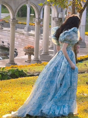 Lizakosht Even Party Midi Dress Office Lady Summer Short Sleeve Blue Formal Dress Women Puff Sleeve Elegant Lace Dress Korean Outwear