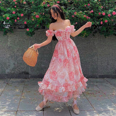 Lizakosht French Floral Dress Holiday Dress Puff Sleeve Long Dress Romantic