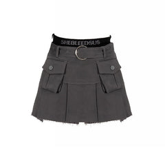 Lizakosht Denim Cargo Skirt Women Vintage High Waist Pocket Belt Pleated Mini Skirt Sexy Fake Two-piece Patchwork Streetwear Y2k