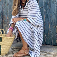 Fashion Hollow Out Lace-up Loose Dress Women Casual Striped Print Lantern Long Sleeve Dress New Autumn Elegant A-Line Long Dress