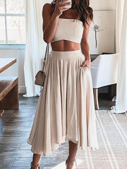 Lizakosht Sexy Solid Women Pocket Short Top Skirt 2PCS Outfit Summer Hollow Out Sleeveless Sweet Sling Ladies Matching Set Streetwear