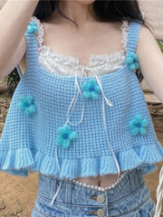 Japanese Kawaii Sweet Tank Top Women Blue Floral France Elegant Cute Tanks Female Casual Korean College Style Vset Summer 2022