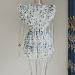 New Arrival Summer Short Sleeve Natasha Mini Dress Women Ruffled A-line Dress Blue Print