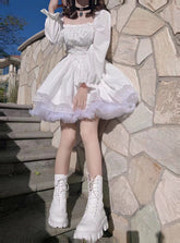 Lizakosht-White Lolita Dress Kawaii Vinatge Long Sleeve Mini Dresses Black Gothic Bandage Lace Patchwork Streetwear Square Collar