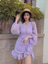 Lizakosht Spring and Autumn Dress Minority Chiffon V-neck Long Sleeve Fold Waist ruffled skirt Holiday Dress